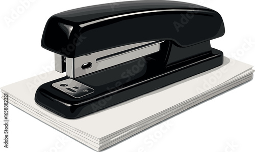 A classic black stapler resting on a corner of a stack of papers. The stapler's glossy finish reflects light, adding a touch of sophistication. The