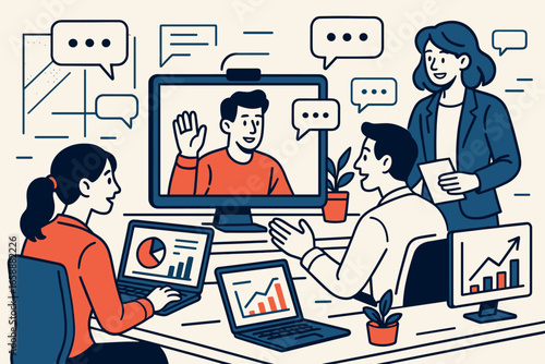 A bustling digital office setting where coworkers collaborate over a video call. Laptops and screens display various data, while speech bubbles float