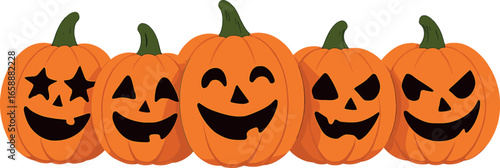 A row of playful jack-o'-lanterns with various facial expressions, ranging from cheerful to mischievous. Each pumpkin is carved with unique patterns,