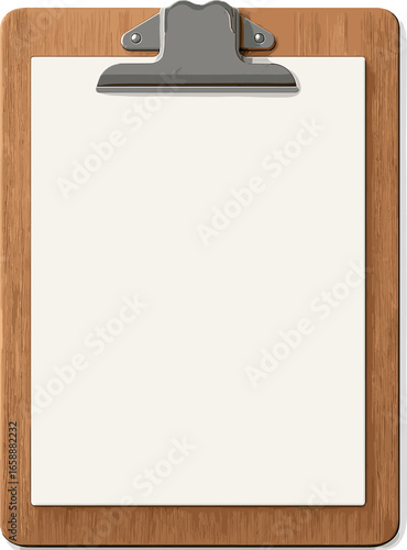 A wooden clipboard centered with a metallic clip at the top, holding a blank sheet of paper. The clean lines and natural wood tones create a