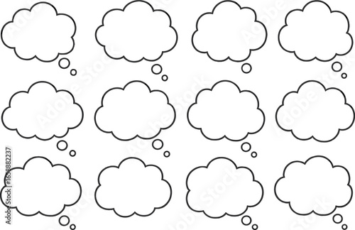 An assortment of thought bubbles, each with a unique cloud-like shape, outlined in a crisp black line. These bubbles are evenly spaced, creating a