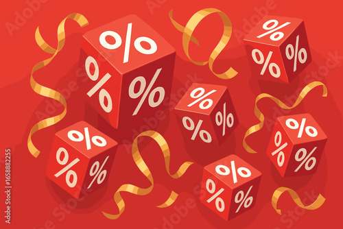 A collection of red cubes with white percentage markings are the focal point, surrounded by golden ribbons that add movement and elegance. The cubes