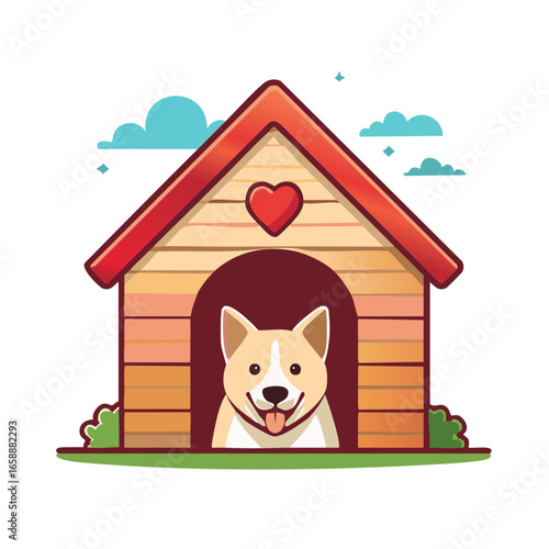 Happy Pup in Dog House Cute Dog Cartoon Character with Heart Design Element Shelter Illustration
