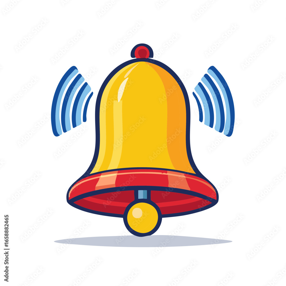 Naklejka premium Golden Notification Bell Ringing with Blue Waves Symbolizing Sound or Alert, Reminder Icon