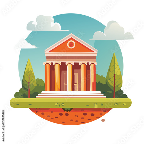 Cartoon illustration of classic architecture with columns in a verdant landscape on a floating island under a cloudy sky