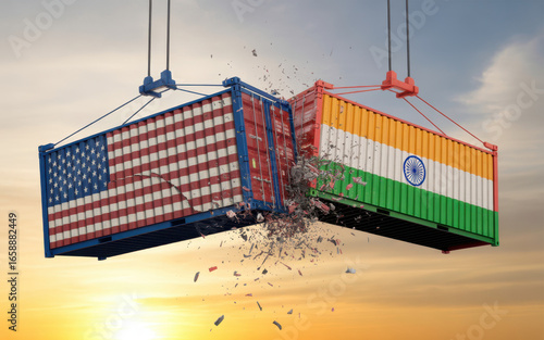 Trade war illustration highlighting USA and India economic conflict with shipping container collision