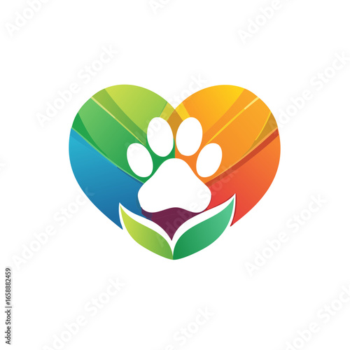 Colorful Heart with Paw Print and Leaves Pet Care Logo Vector Illustration