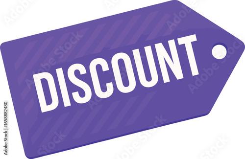 A purple tag with a 'DISCOUNT' text in large, white letters, accented by diagonal stripes for a modern touch. The tag's sharp angles and bright color