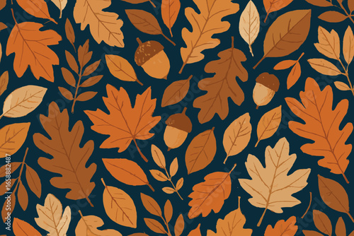A seamless pattern showcasing an array of autumn leaves and acorns, intricately arranged on a deep blue background. The composition features