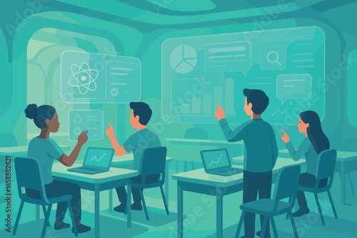 A futuristic classroom setting is depicted with students engaging with holographic screens. The room is styled with organic shapes and digital