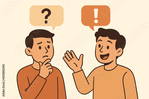 Two characters standing side by side, one with a questioning expression and the other gesturing excitedly. Speech bubbles and exclamation marks