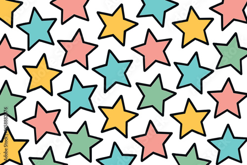 Star-shaped speech bubbles, outlined in black and filled with pastel colors, create a dynamic and energetic composition. Randomly scattered, these
