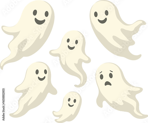 A cluster of whimsical ghosts floating in mid-air, each with unique expressions and shapes. These friendly specters have wavy, flowing forms and are