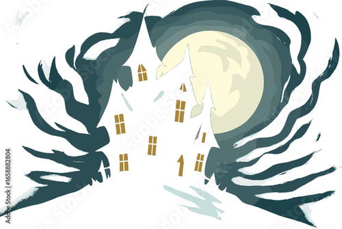 A haunted house silhouette with jagged edges and crooked windows. It stands on a hill under a swirling, cloudy sky. The dark structure contrasts with