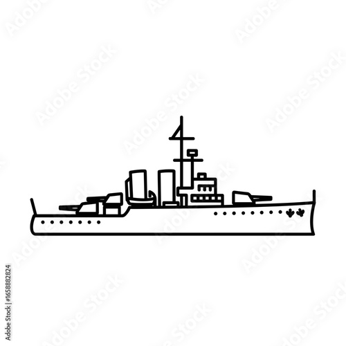 Outline drawing of a military ship on a white background 
 Minimal linear icon  on the theme of military and defense equipment. Perfect for apps, websites, infographics, educational materials