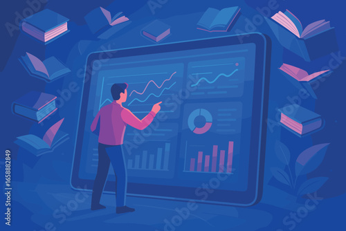 A man interacts with a massive tablet displaying complex graphs and data, surrounded by an array of floating books. The environment is vibrant and