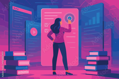 A woman stands confidently amidst towering digital interfaces and stacks of books, engaging with a virtual control panel. The scene captures the