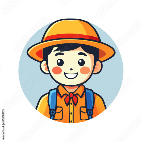 Cartoon Boy with Hat and Backpack, cheerful, round icon style, vector illustration