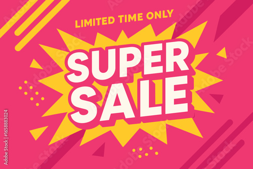 A dynamic sale poster featuring bold white text proclaiming 'SUPER SALE' at the center, surrounded by vibrant pink and yellow geometric shapes. The
