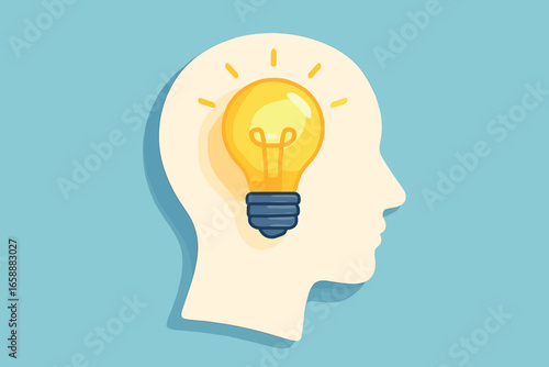 A light bulb inside a human head silhouette, representing ideas and creativity. The bulb glows with a warm yellow light, casting gentle shadows.