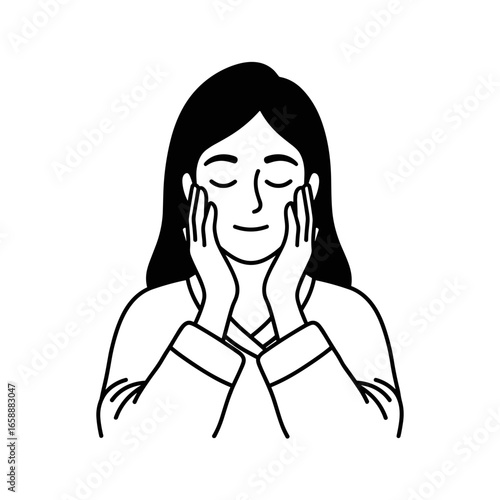 Young woman with closed eyes, smiling and touching her face  