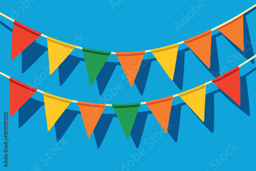 A string of bunting, featuring alternating colorful flags, stretches across the scene. The flags flutter gently, casting playful shadows against the
