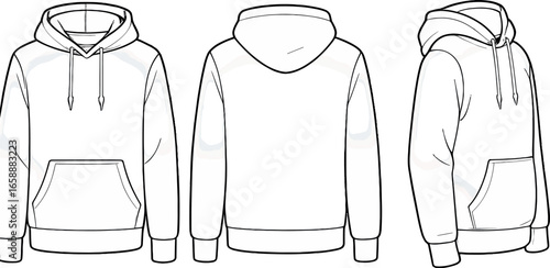 A stylish hoodie is presented in three views: front, back, and side. The illustration captures the hood, drawstrings, and pocket details with precise