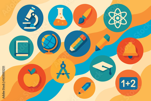 A collection of vibrant educational icons, including a microscope, flask, and paintbrush, floating in circular frames above an abstract background.