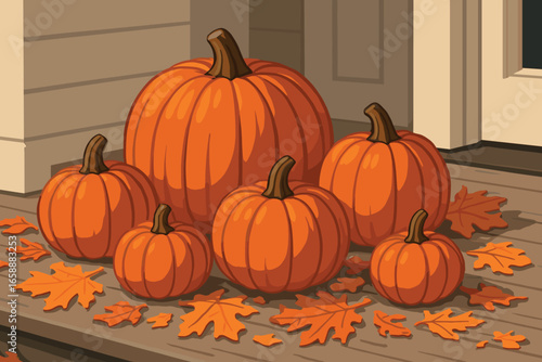 A group of pumpkins in varying sizes and shapes are arranged on a porch, surrounded by fallen leaves. The pumpkins' deep orange tones contrast with