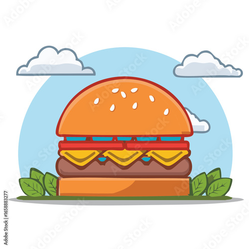 Delicious cartoon-style double cheeseburger with cheese and lettuce on a light blue background with clouds