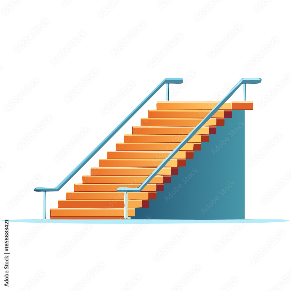 Fototapeta premium Orange Staircase Illustration with Blue Handrails Against a Turquoise Wall Section Perspective View