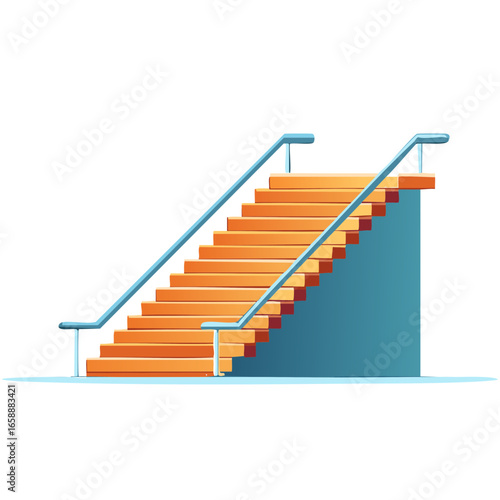 Orange Staircase Illustration with Blue Handrails Against a Turquoise Wall Section Perspective View