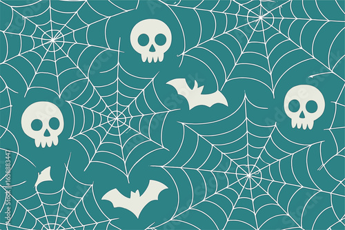 Delicate white spider webs intricately woven across the teal canvas, their fine lines offering a contrast to the bold skulls and bats. The webs form a