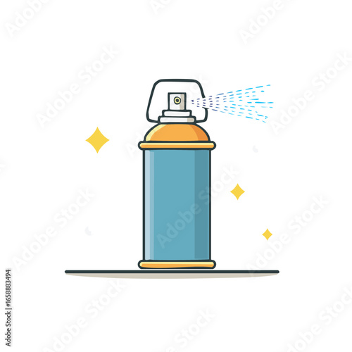 Blue aerosol can spraying mist with golden sparkles vector illustration