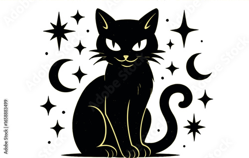 A mischievous black cat sits poised with its tail curled elegantly, surrounded by stars and moons. The cat's eyes seem to glow, adding an air of