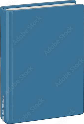 A closed, blue hardcover book stands upright, its spine facing left. The book's cover is smooth with a matte finish, creating a clean and professional