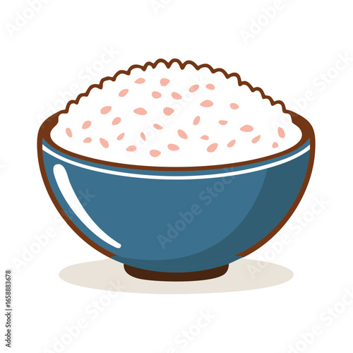 Rice Bowl Illustration Graphic Style Full of Grain Served in Blue Ceramic Container