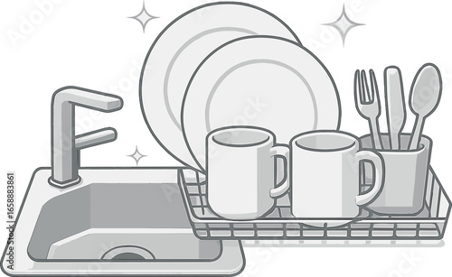 A neat kitchen sink displaying an organized arrangement of clean dishes, cups, and cutlery. The focus is on the sparkle of cleanliness, with items