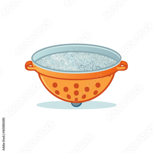 Orange Colander with Blue Rim Filled with White Rice Grains Kitchen Tool Design