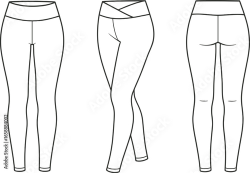 A set of three yoga pants in various styles displayed side by side, showcasing the front, side, and back views. Each design features a different