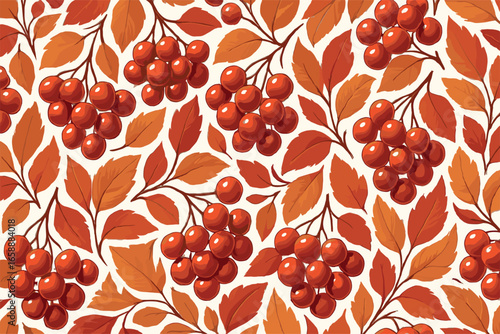 An intricate pattern featuring clusters of red berries and leaves, artistically arranged against a stark white backdrop. The berries are plump and