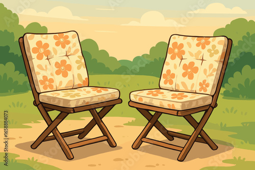 A pair of comfortable folding chairs with floral cushions face each other on the picnic site, inviting conversation and relaxation. Their placement