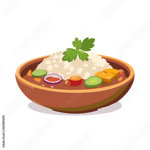A hearty bowl of stewed vegetables and rice served in an earthenware bowl for a nourishing and flavorful meal concept