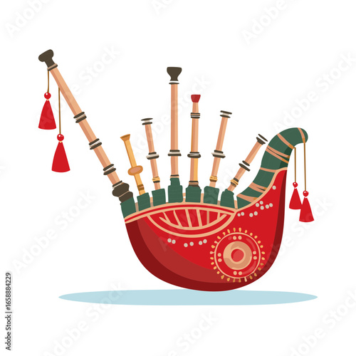 Cartoon illustration of red bagpipes, a traditional Celtic or Scottish musical instrument