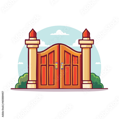 Ornate arched wooden gate with gold trim supported by beige pillars with leafy green bushes and cloudy sky