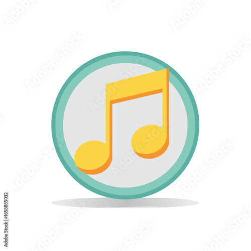 Musical Note Icon, Yellow Music Symbol in Teal and Gray Circle, Melody Sign, Musical App and Media Graphic