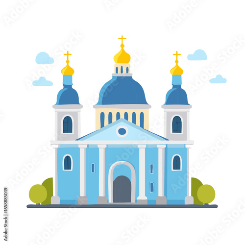 Vector graphic depicts a tranquil orthodox style church with blue walls and gold domes, evoking calm and spirituality
