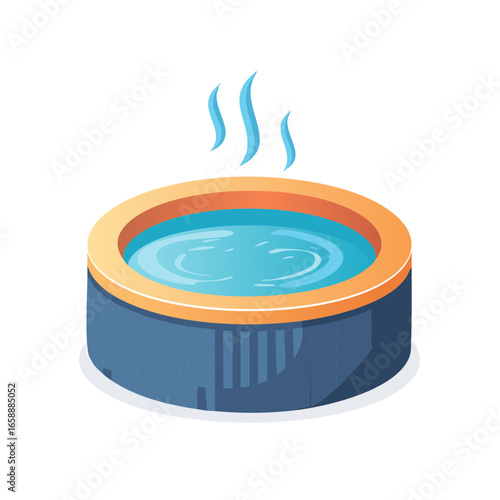 Isometric illustration of a hot tub with steaming water inside, perfect for relaxation and spa days
