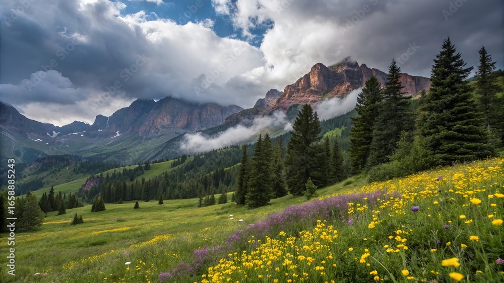 Fototapeta premium Majestic Summer Alpine Landscape with Wildflowers, Pine Forest, and Rugged Mountain Peaks under Dramatic Sky – Ultra-Realistic Nature Photography 