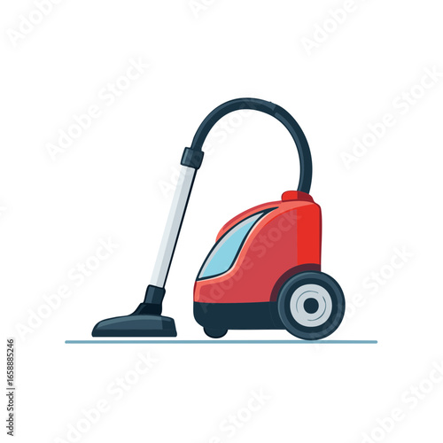 Vibrant red canister vacuum cleaner illustration for cleaning home and office spaces with hose and wheels